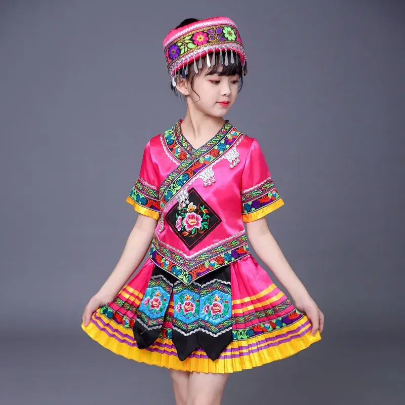 New Girls Miao Zhuang Yao Costume Red Yellow Skirt - Image 7