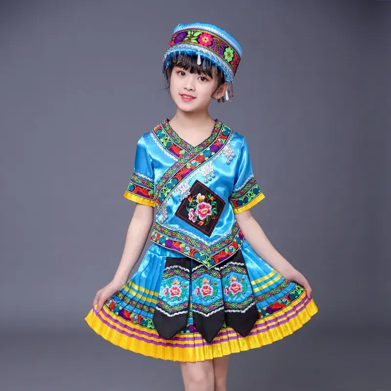 New Girls Miao Zhuang Yao Costume Red Yellow Skirt - Image 8