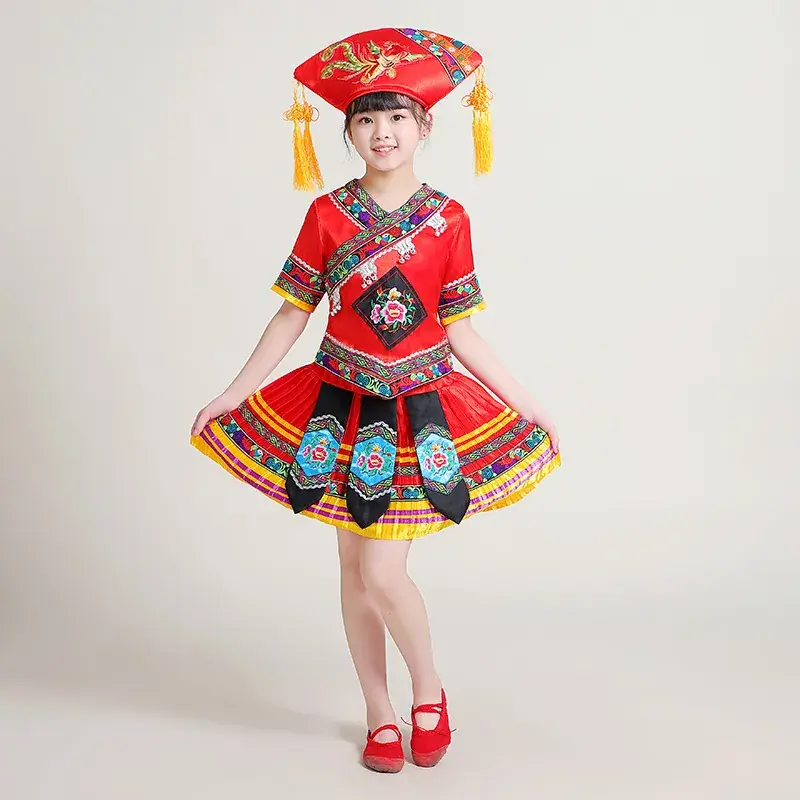 New Girls Miao Zhuang Yao Costume Red Yellow Skirt - Image 9