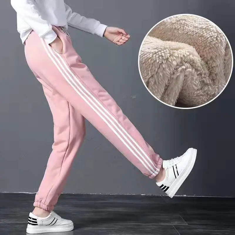 Fleece Lined Women's Harem Sweatpants Pink Cream Winter Warm