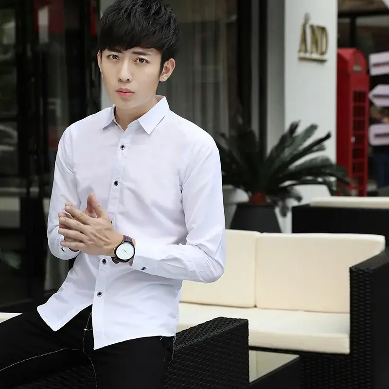Men Slim Fit White Button Shirt Business Casual - Image 8