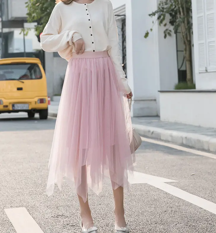 Pink Mesh Half Skirt with High Waist & Asymmetrical Design - Image 3