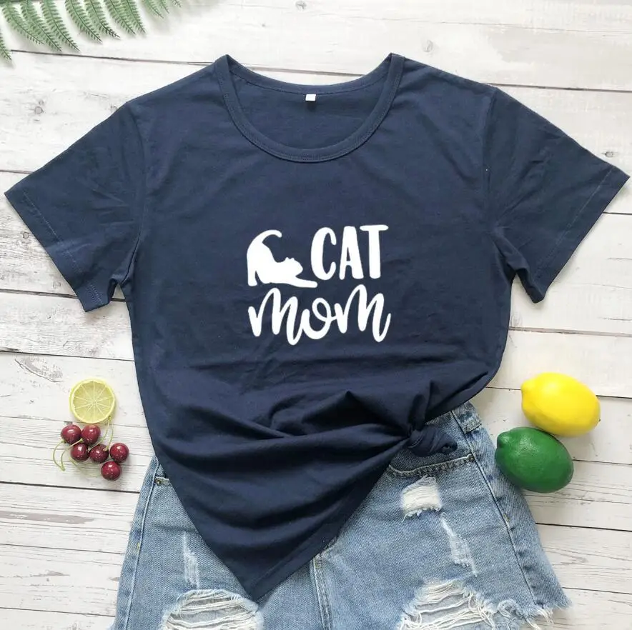 Cat Mom Printed T-Shirt Green Cotton Short Sleeve