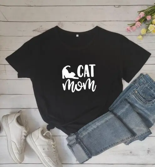 Cat Mom Printed T-Shirt Green Cotton Short Sleeve
