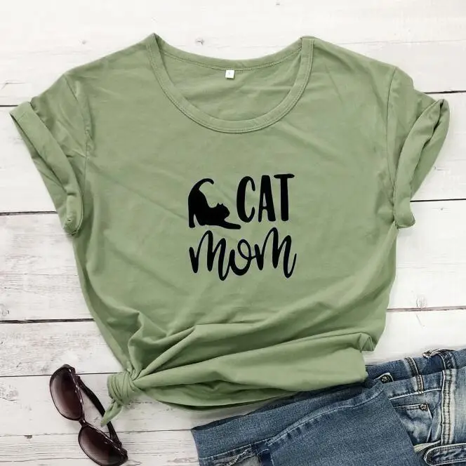 Cat Mom Printed T-Shirt Green Cotton Short Sleeve