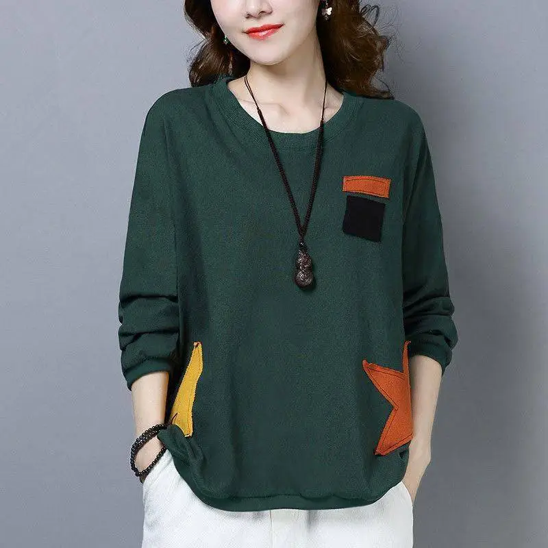 Women Cotton Long Sleeve Loose T-Shirt Orange Round Neck - Image 5