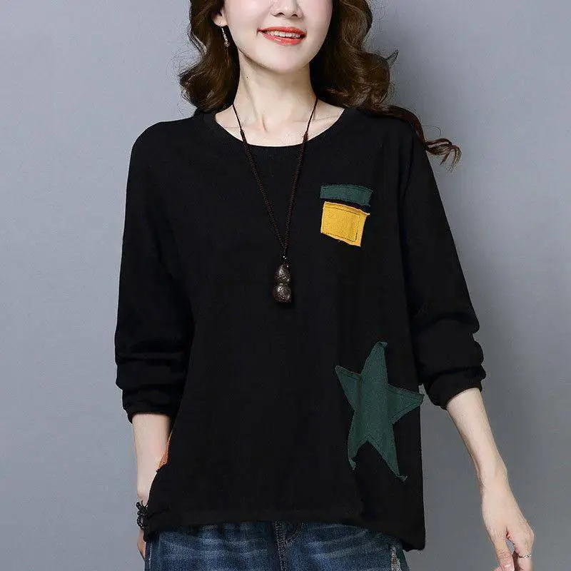Women Cotton Long Sleeve Loose T-Shirt Orange Round Neck - Image 6