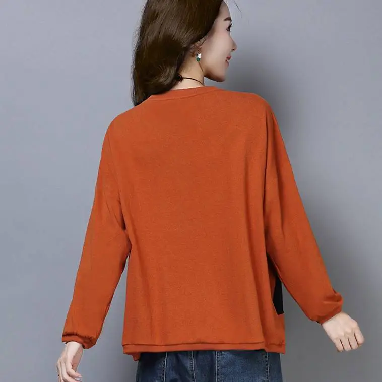Women Cotton Long Sleeve Loose T-Shirt Orange Round Neck - Image 8