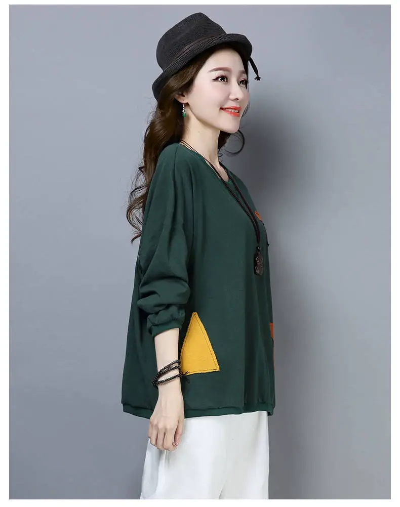 Women Cotton Long Sleeve Loose T-Shirt Orange Round Neck — feature 12