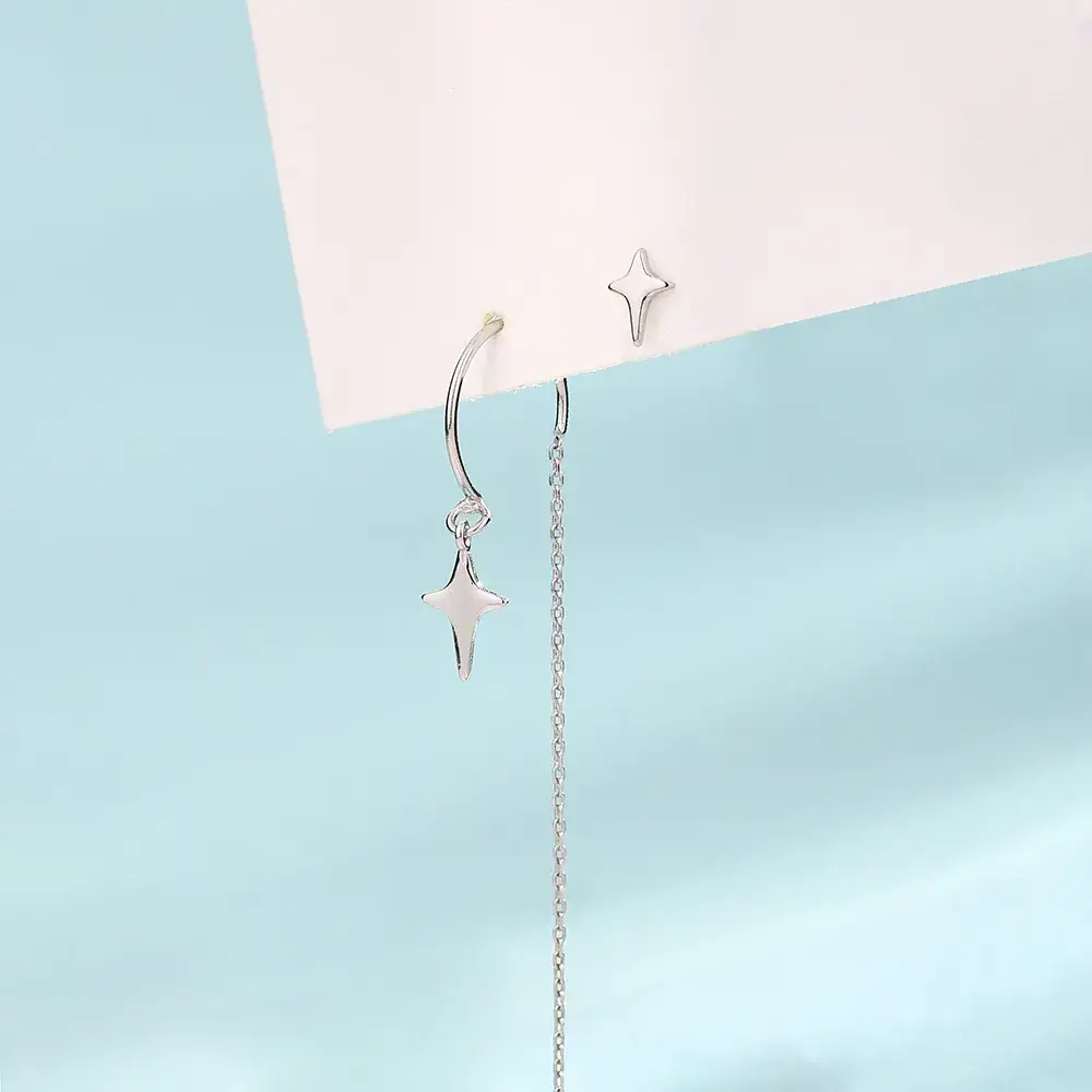 Asymmetric Star Ear Chain with Tassel & Cross Earrings - Image 3
