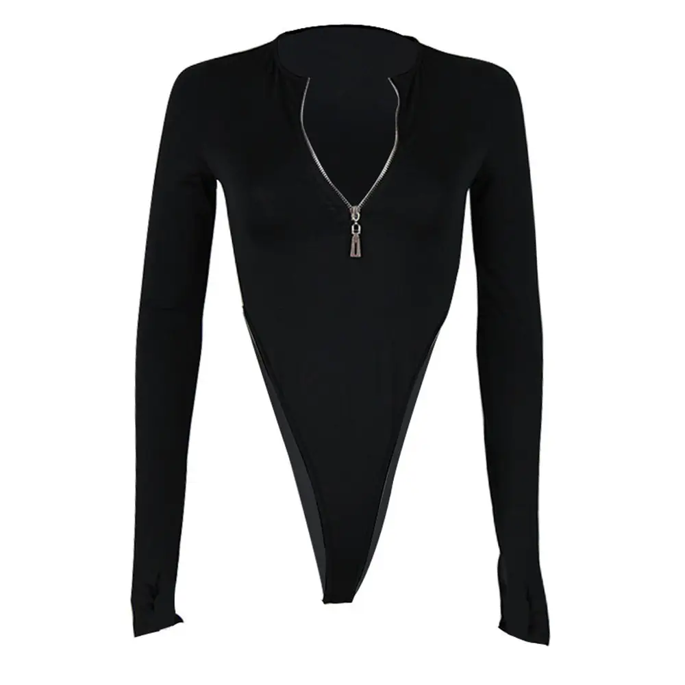 Black Long Sleeve Zipper High Waist Slim Fit Jumpsuit for Women - Image 7