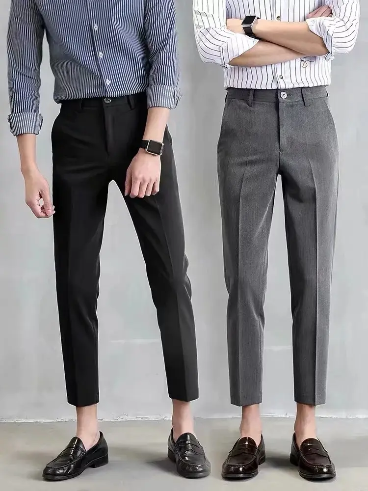 Men Slim Fit Casual Pants Summer Beige Korean Style - Image 5