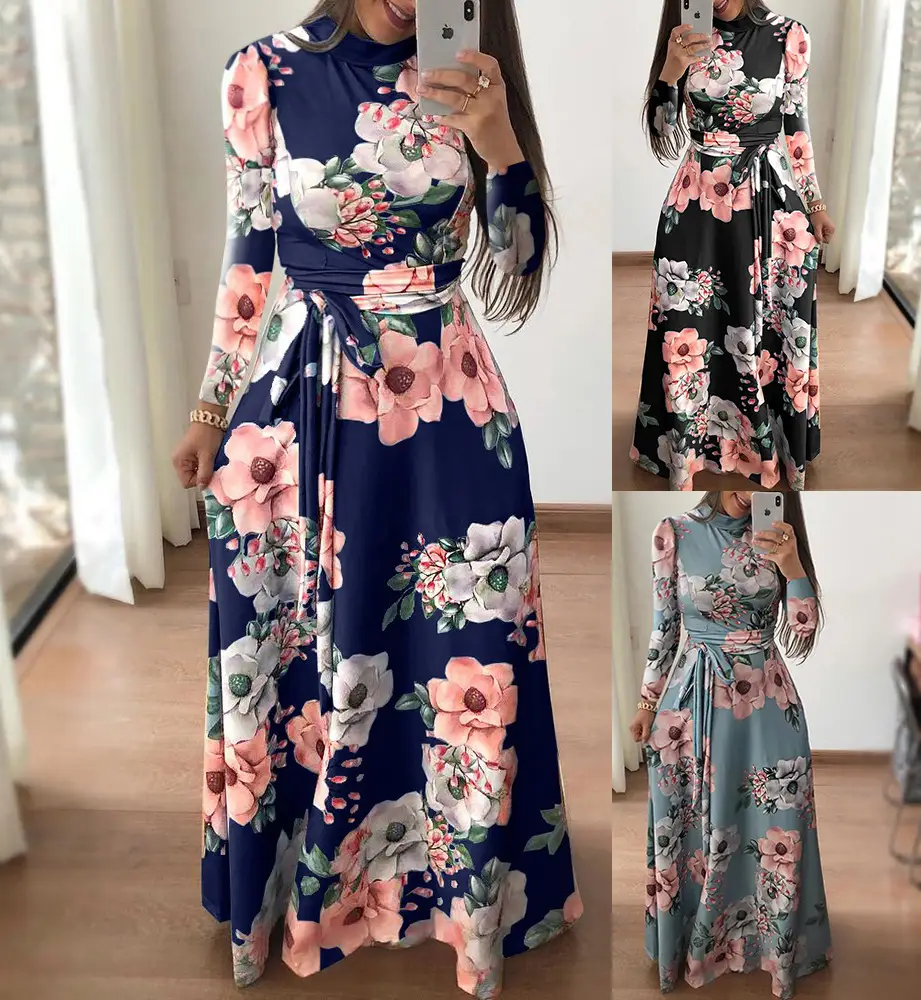 Women Floral Print Long Sleeve Maxi Dress Blue - Image 4