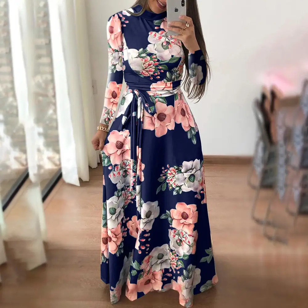 Women Floral Print Long Sleeve Maxi Dress Blue - Image 6