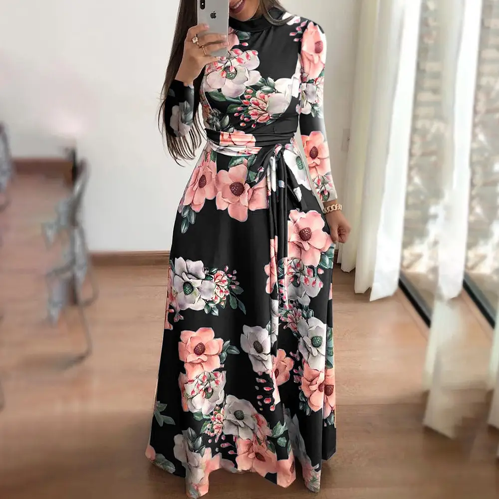 Women Floral Print Long Sleeve Maxi Dress Blue - Image 7