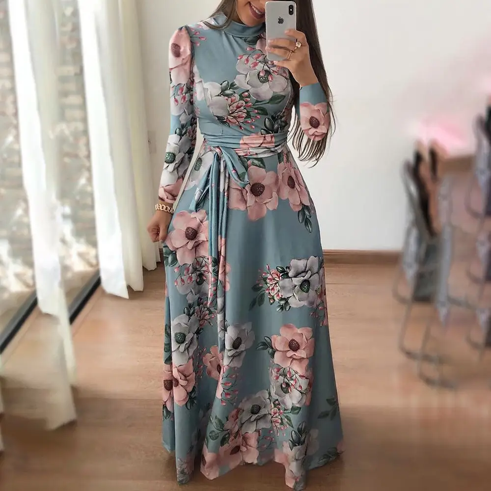 Women Floral Print Long Sleeve Maxi Dress Blue - Image 8