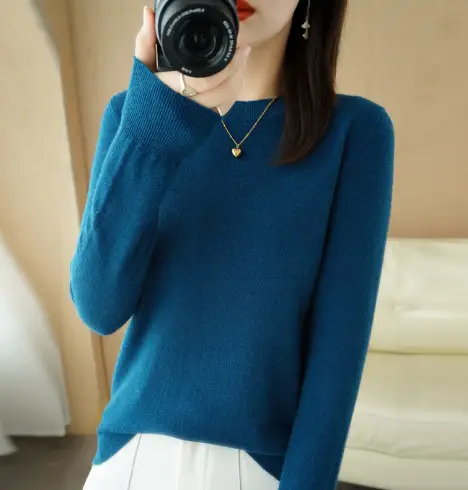 Women's Blue Knitted Crewneck Long Sleeve Shirt Large - Image 28