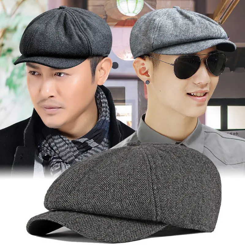 Men's Herringbone Cap Autumn Winter Warm Gray