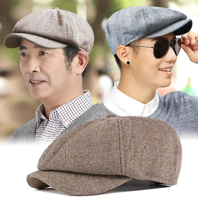 Men's Herringbone Cap Autumn Winter Warm Gray