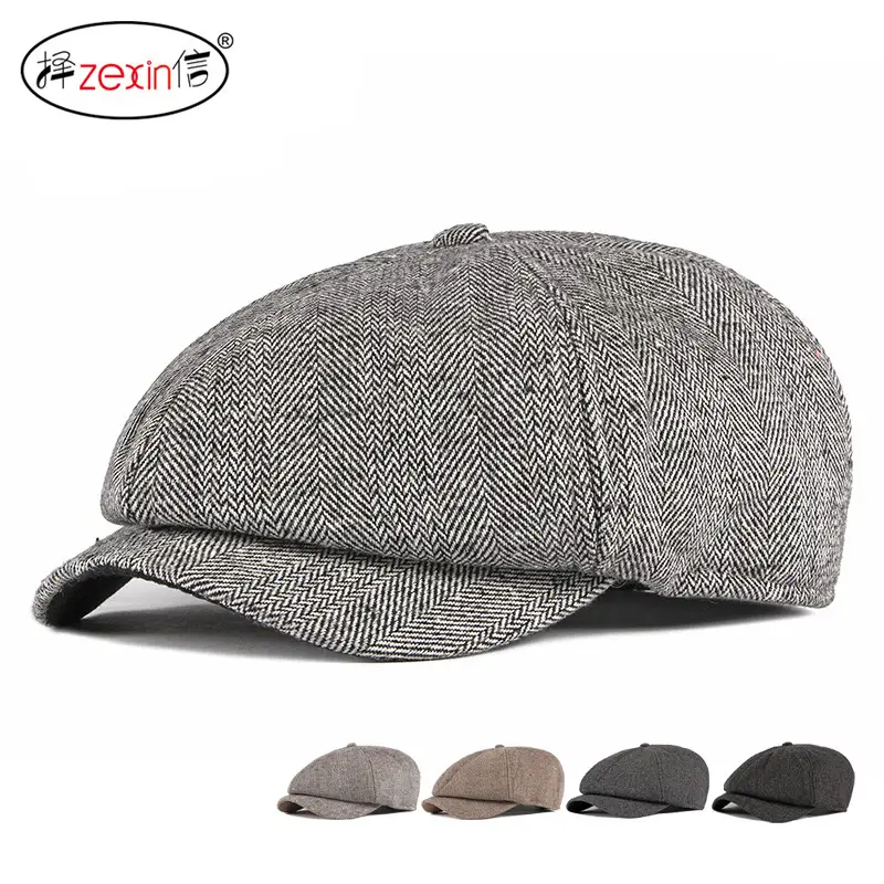 Men's Herringbone Cap Autumn Winter Warm Gray