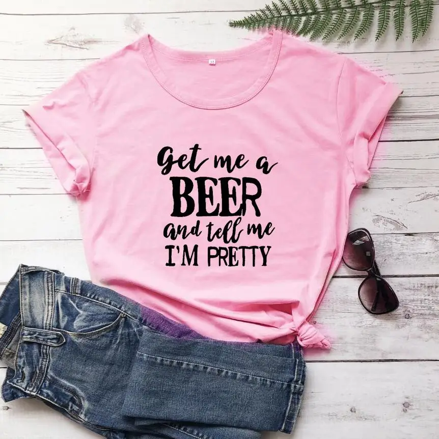 Men Women Beer Call T-Shirt Pink Cotton Short Sleeve