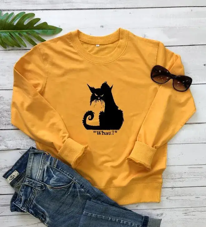 Yellow Cat Print Round Neck Sweatshirt - Image 4