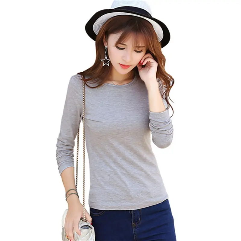 Spring Women Grey Stretch Cotton Long Sleeve T-Shirt