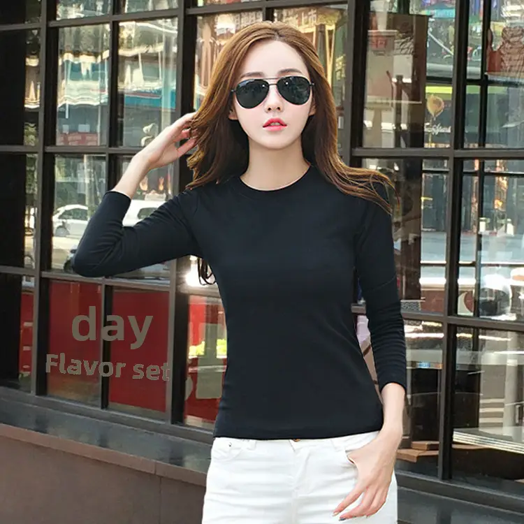 Spring Women Grey Stretch Cotton Long Sleeve T-Shirt