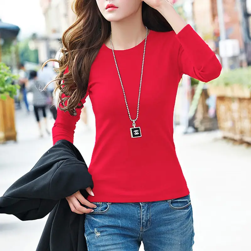 Spring Women Grey Stretch Cotton Long Sleeve T-Shirt