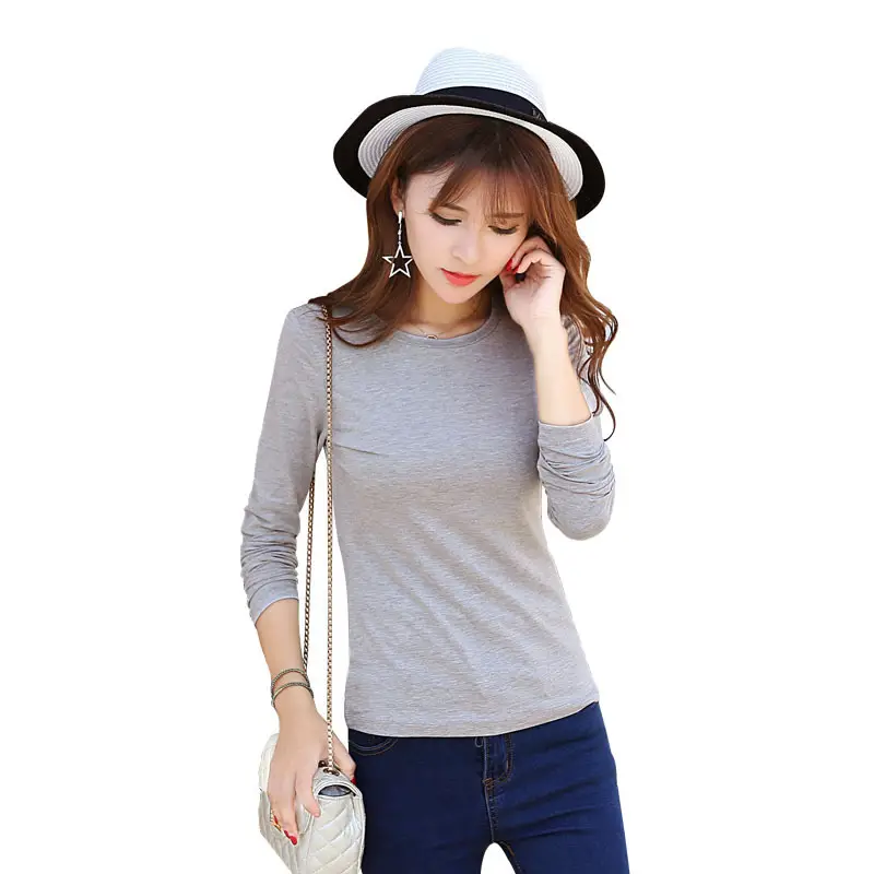 Spring Women Grey Stretch Cotton Long Sleeve T-Shirt