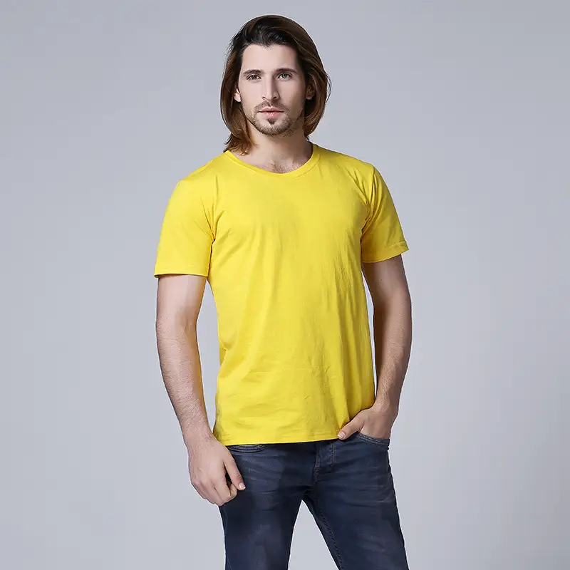 Men Yellow Cotton Round Neck T-Shirt Short Sleeve