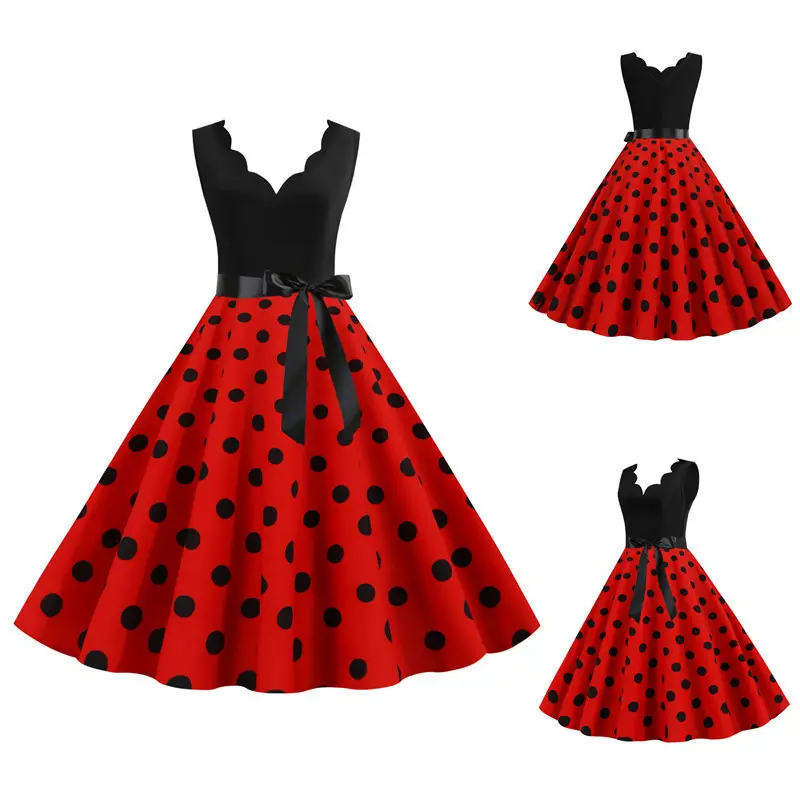 Sleeveless Polka Dot Party Dress Black Red - Image 15