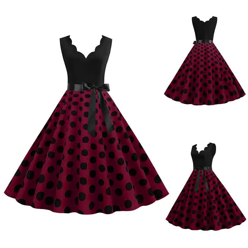 Sleeveless Polka Dot Party Dress Black Red - Image 16