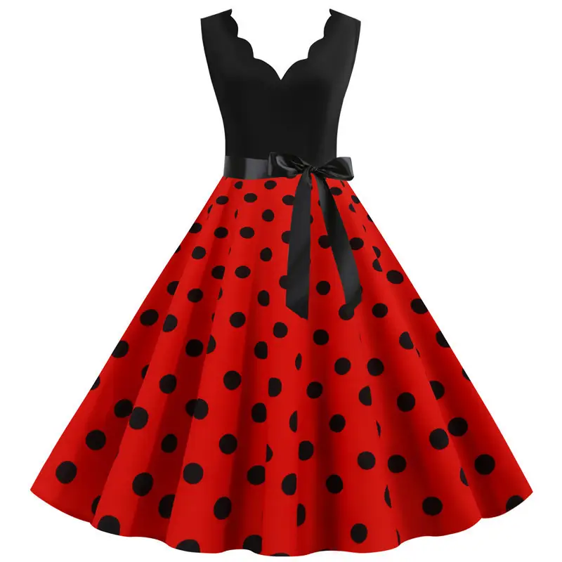 Sleeveless Polka Dot Party Dress Black Red - Image 5