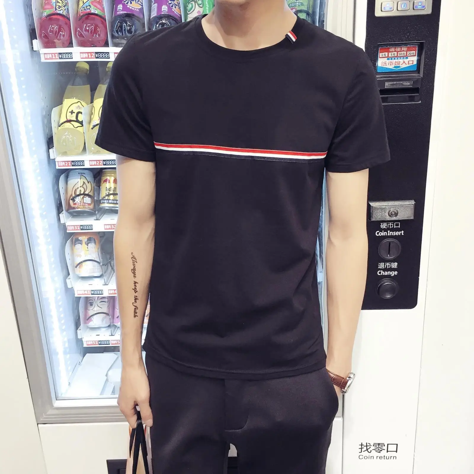 Men Black Slim Fit T-Shirt Shorts Set Korean Casual