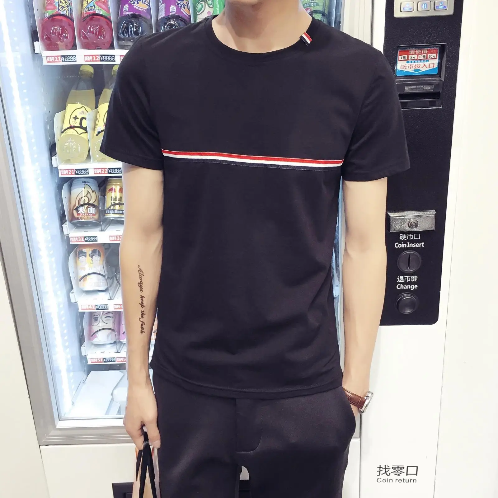 Men Black Slim Fit T-Shirt Shorts Set Korean Casual