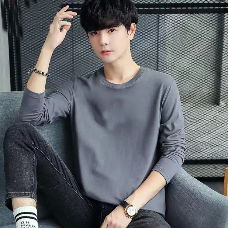 Men Blue Cotton Long Sleeve T-Shirt Loose Round Neck - Image 10
