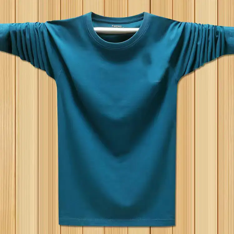 Men Blue Cotton Long Sleeve T-Shirt Loose Round Neck - Image 6