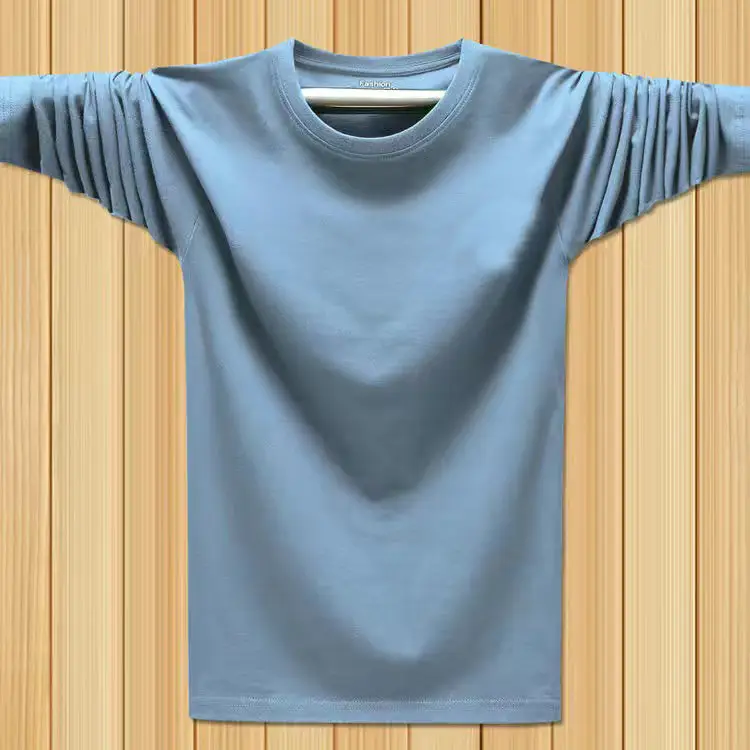Men Blue Cotton Long Sleeve T-Shirt Loose Round Neck - Image 5