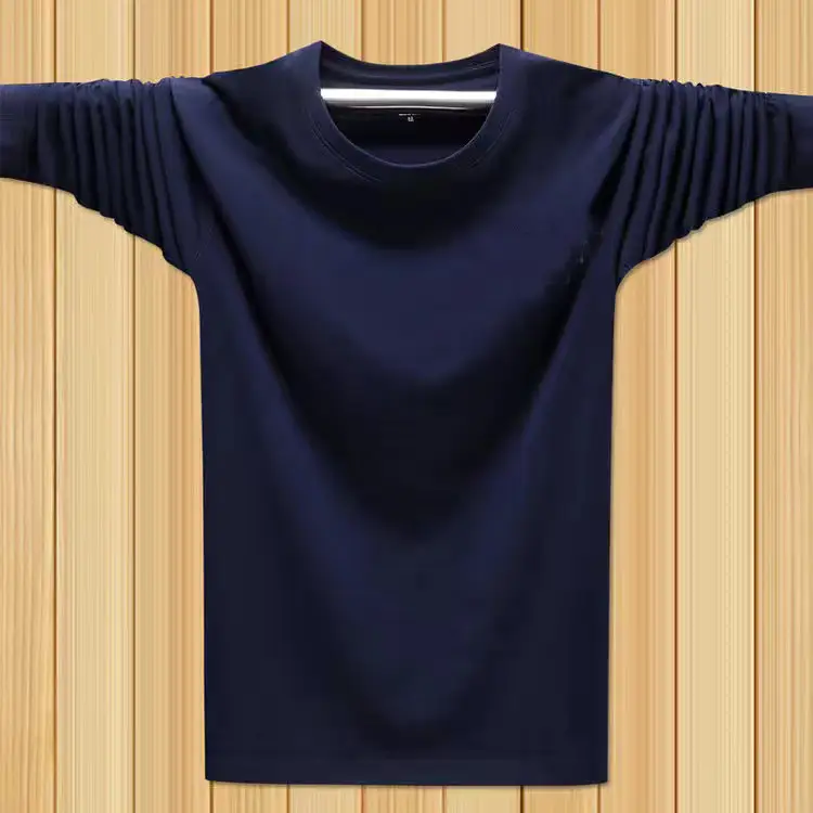 Men Blue Cotton Long Sleeve T-Shirt Loose Round Neck - Image 9