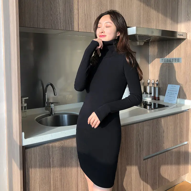 Black Slim Fit Long Sleeve Winter Dress for Women