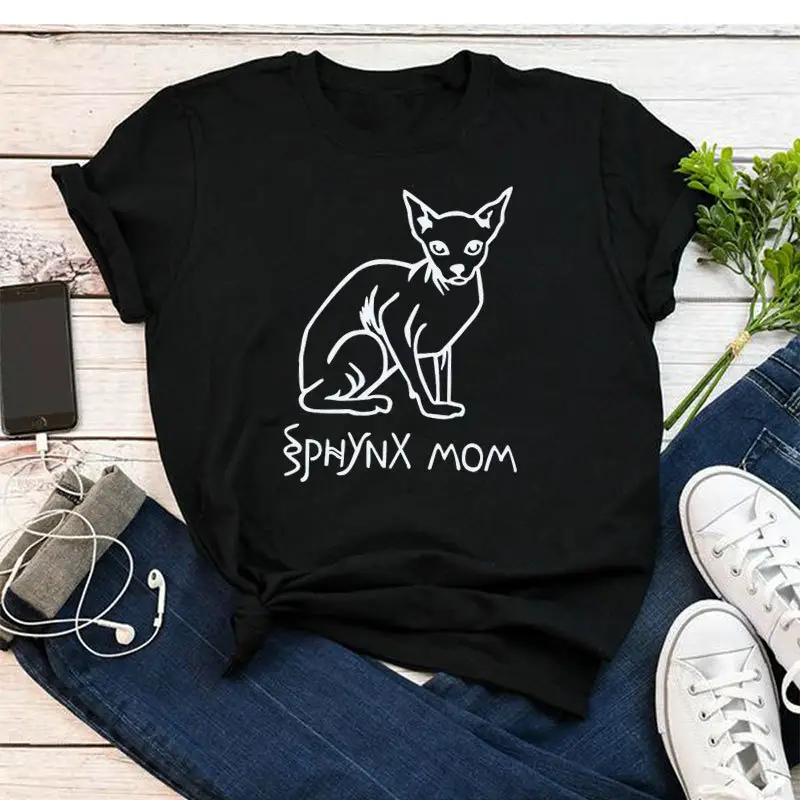 Sphynx Mom Cat Print T-Shirt Grey Cotton - Image 2