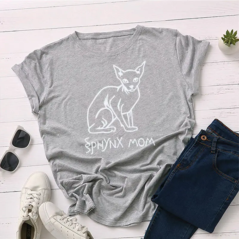 Sphynx Mom Cat Print T-Shirt Grey Cotton - Image 3