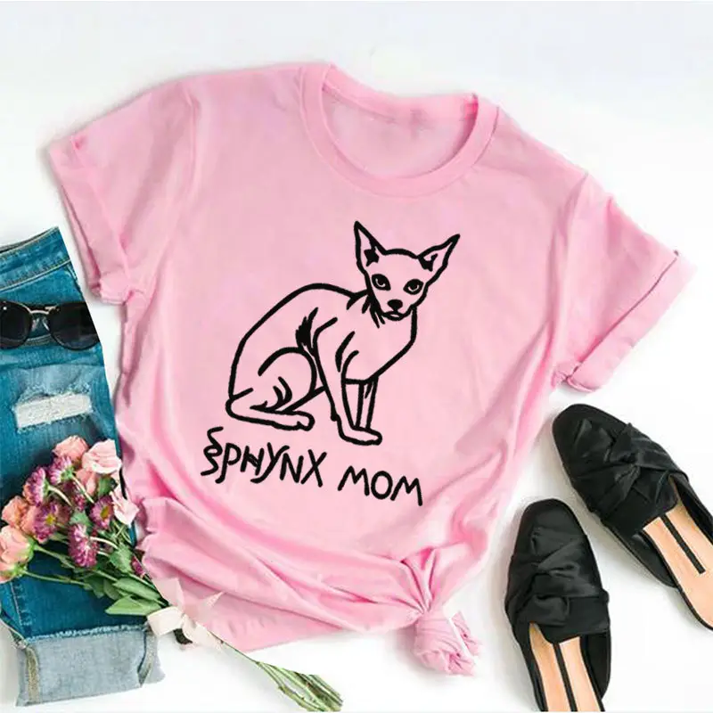 Sphynx Mom Cat Print T-Shirt Grey Cotton - Image 4