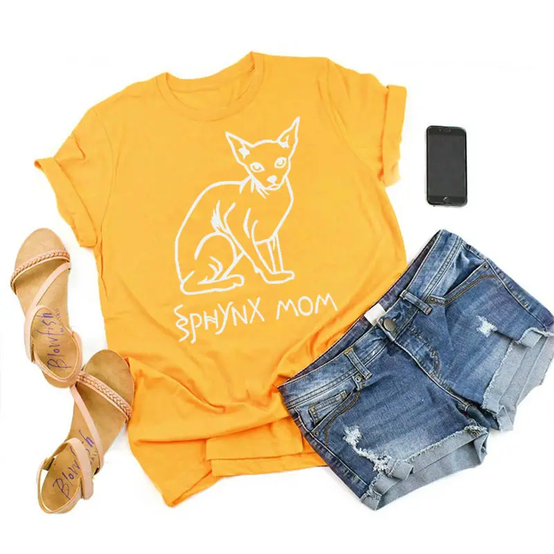 Sphynx Mom Cat Print T-Shirt Grey Cotton - Image 5