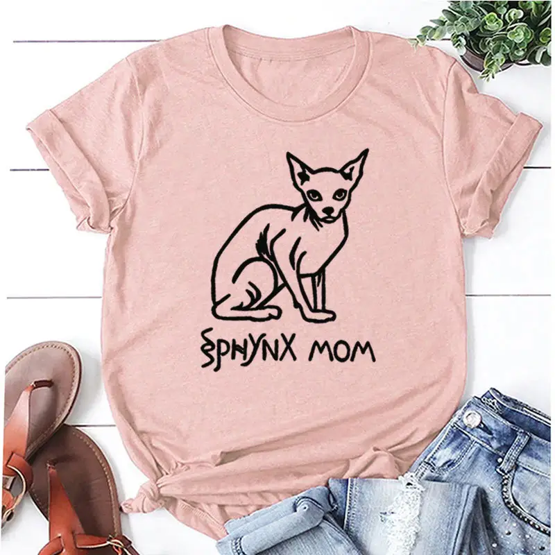 Sphynx Mom Cat Print T-Shirt Grey Cotton - Image 6