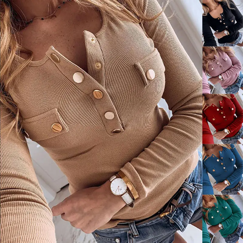 Women Blue Button Long Sleeve T-Shirt with Pocket - Image 13