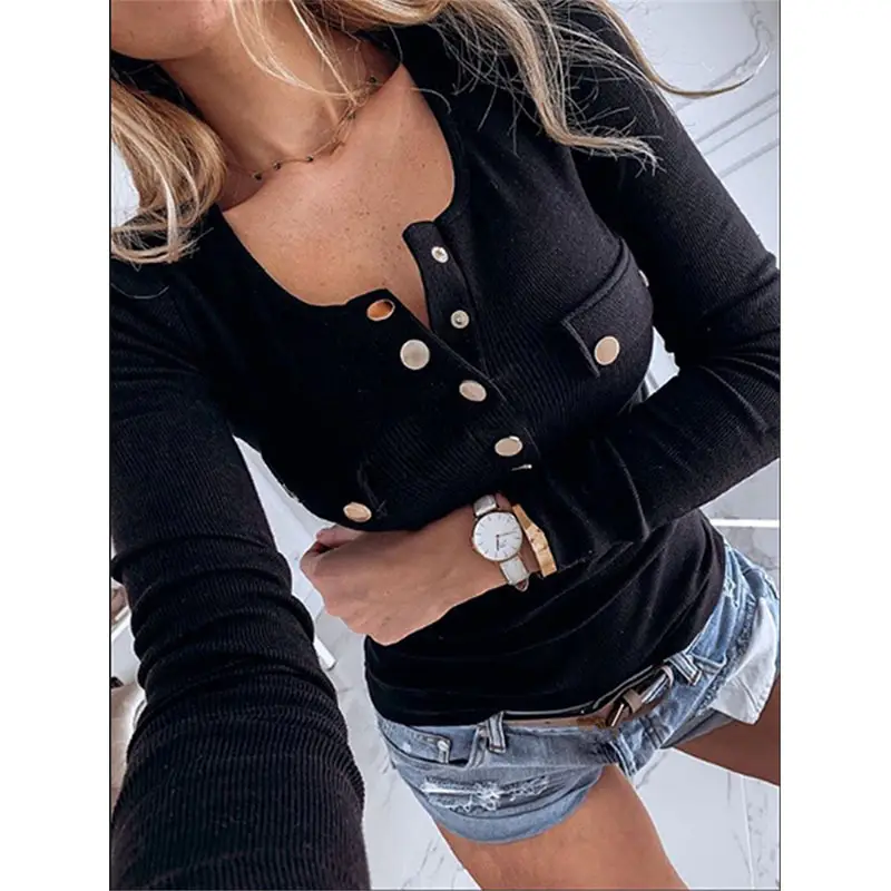 Women Blue Button Long Sleeve T-Shirt with Pocket - Image 15