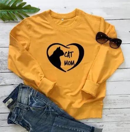 Cute Cat Mom Heart Print Yellow Crewneck Vest