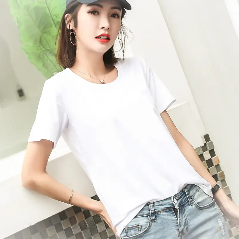 Women Cotton T-Shirt Navy Blue Loose Crew Neck Short Sleeve - Image 14